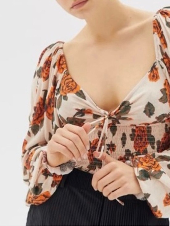 Urban Outfitters Tops - Urban Outfitters Cream Floral Tie-Front Smocked Blouse with Orange Roses size M